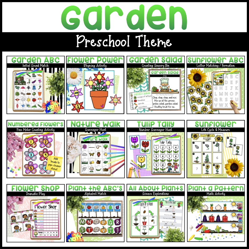 Garden preschool activities with garden literacy activities and centers, garden math activities, and flower shop dramatic play.