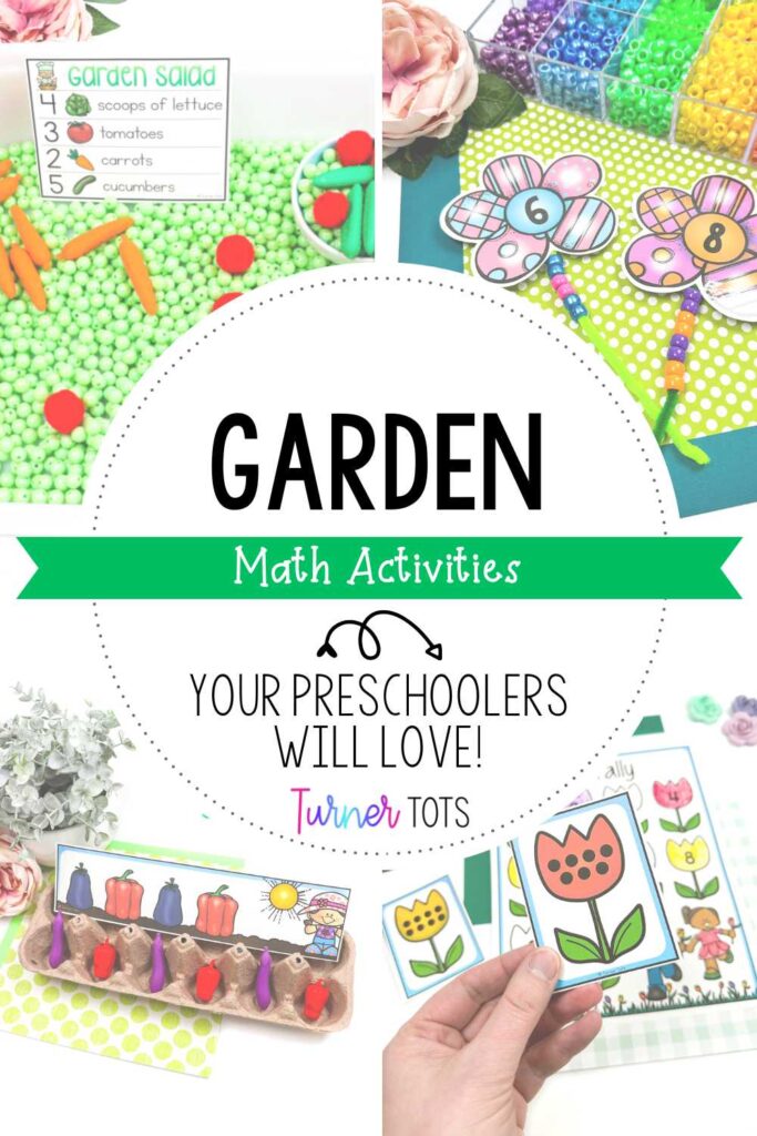Garden math activities for preschoolers include a garden salad counting sensory bin, lacing beads onto numbered flowers, planting vegetable patterns in egg cartons, and hunting for tulip cards with dots or tally marks.