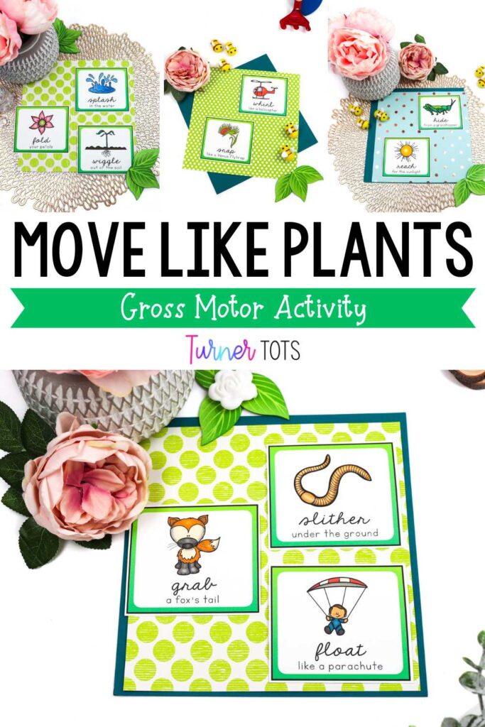 Plant action cards with movements for preschoolers to do after reading Plants Can’t Sit Still by Rebecca Hirsch.