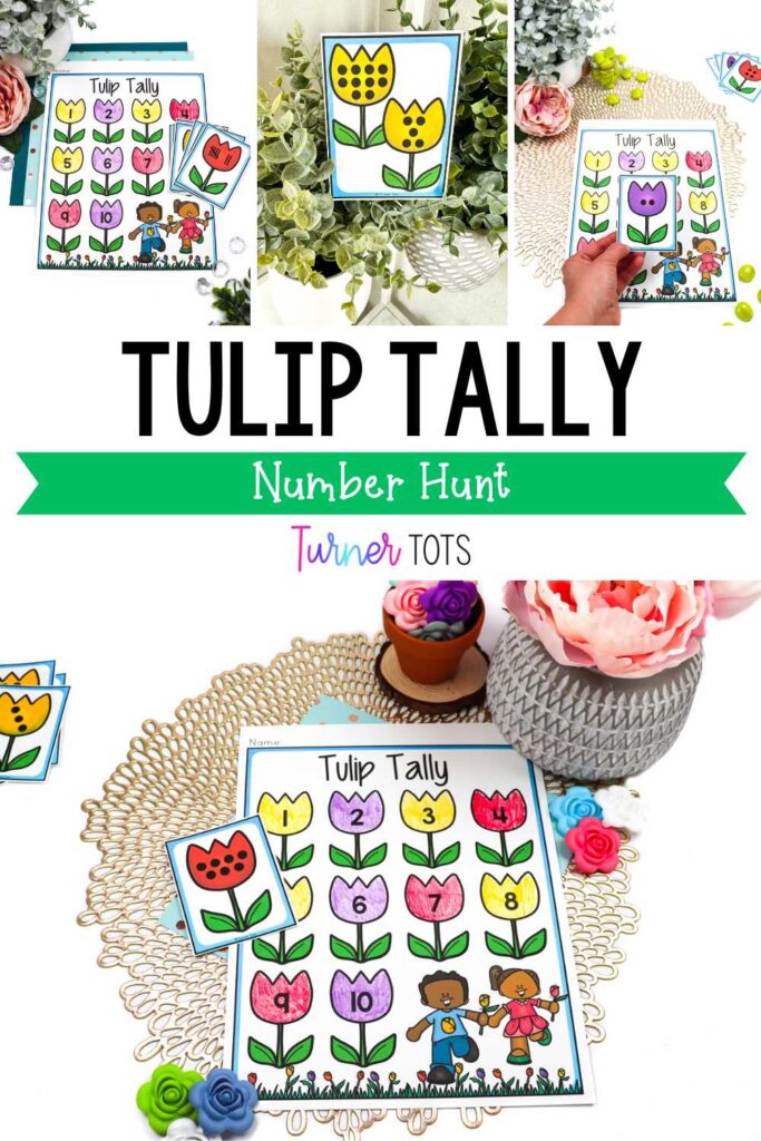Tulip Tally math activity includes tulip cards with either dots or tally marks for preschoolers to find around the room and color the matching tulip on the recording sheet as one of our garden math activities for preschoolers.