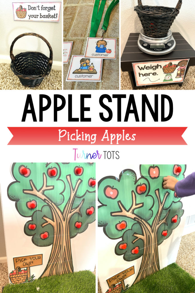 Apple Orchard Dramatic Play with a large printable apple tree for toddlers to pick apples from. Includes baskets and a scale to weigh the apples.