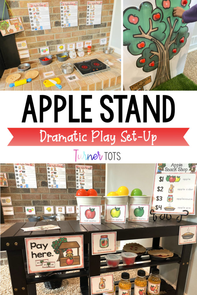 Apple dramatic play set-up includes a pretend snack shop to buy apples, cider, applesauce, and apple pies. There's a pretend kitchen for baking and a large printout of an apple tree for toddlers to pretend to pick apples from.