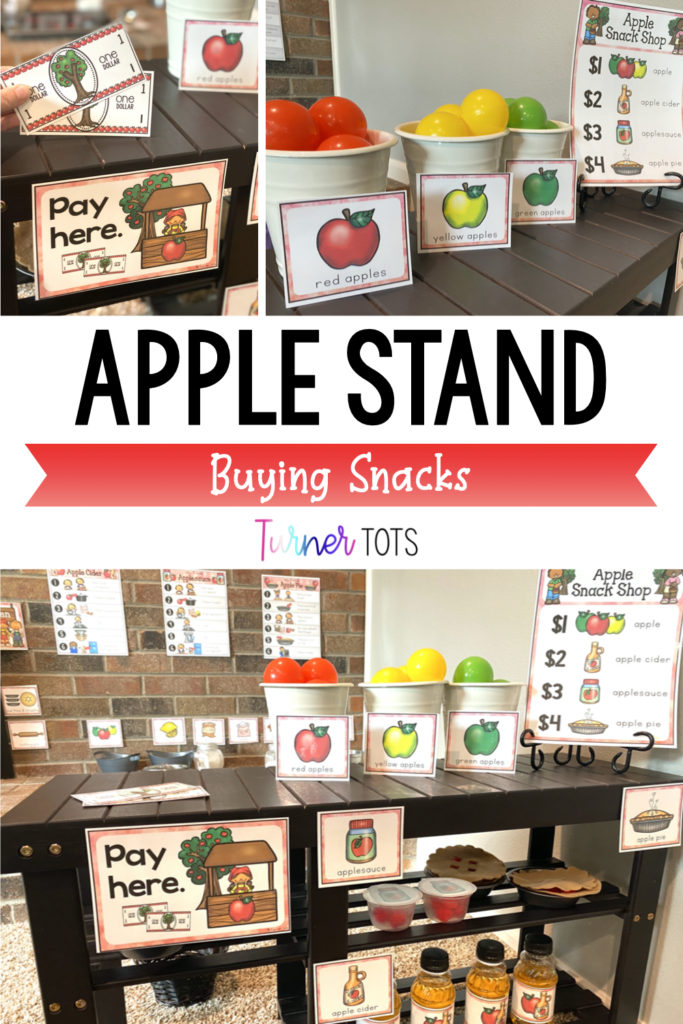 Apple dramatic play counter to buy snacks such as applesauce, apple cider, apple pies, and apples. Includes a price list and signs for toddlers to pretend to be at the apple orchard.