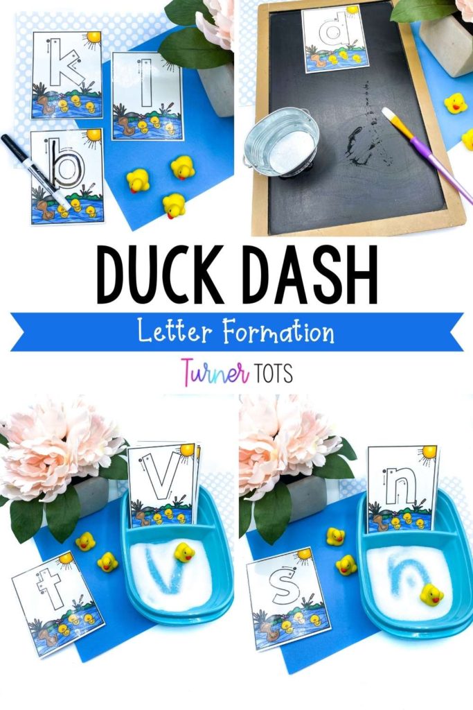 Duck letter formation cards traced with dry erase markers, painted with water on a chalkboard, and drawn in a salt tray with duck erasers.