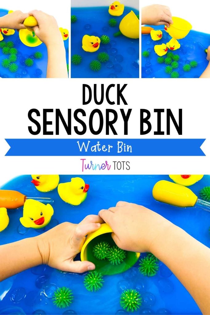 Duck pond sensory bin with rubber ducks, plastic pokey balls, a funnel, and droppers in blue water.