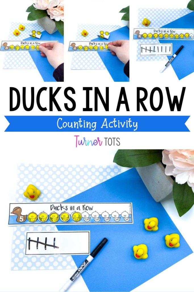 Duck counting cards with numbers on the mother duck for preschoolers to count transparent chips. Paired with tally mark tracing cards as one of our pond math activities.