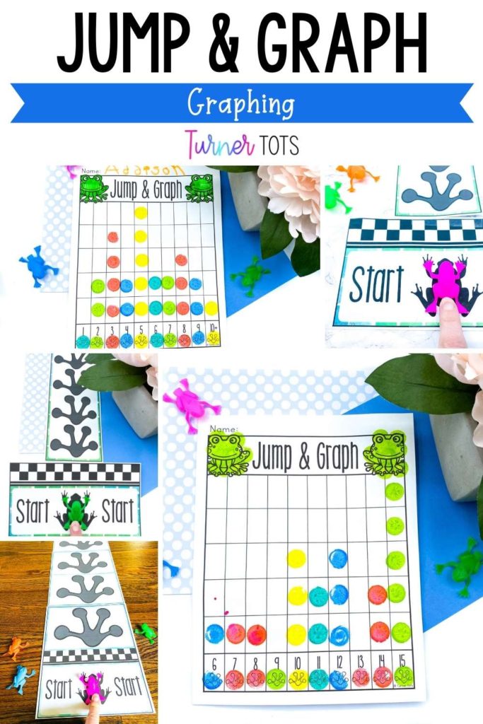 Frog jump and graph includes frog footprint rulers on the ground and a starting line to flick plastic jumping frogs. Then, record the length jumped on the graph for a fun pond activity for preschoolers.
