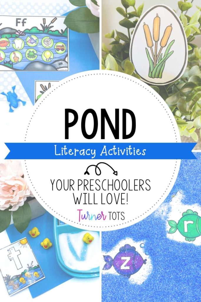 Pond literacy activities with a fish search sensory bin, frog initial sound activity, egg hunt for initial sound pond pictures, and forming letters with duck erasers.