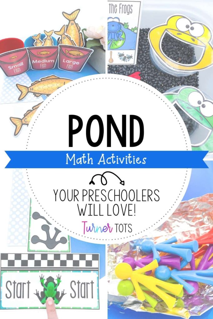 Pond math activities for preschoolers with pictures of a frog counting sensory bin, Row Your Boat STEM, jumping frog count and graph, and sorting fish printables by size.
