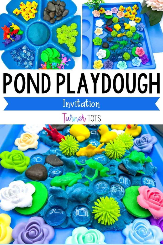 Pond play dough invitation with a tray full of duck erasers, jumping frogs, blue gems, rocks, spiky balls, fish counters, and blue play dough for preschoolers to create pond scene.