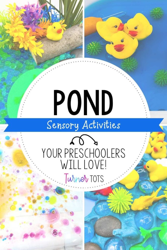 Pond sensory activities including a pond water bead sensory bin, duck pond sensory bin, water and oil experiment, and a pond playdough invitation.