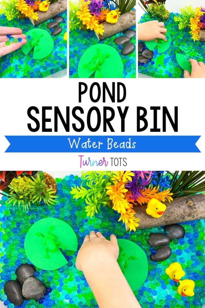 Pond sensory bins with water beads, foam lily pads, jumping plastic frogs, rocks, a small log, and aquarium plants as one of our pond sensory activities for kids.