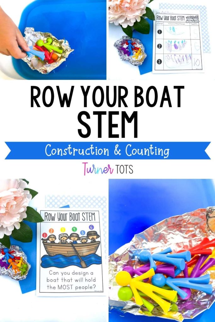 Row Your Boat STEM includes boats made from aluminum foil with as many people counters that preschoolers can fit inside with this pond STEM challenge for kids.