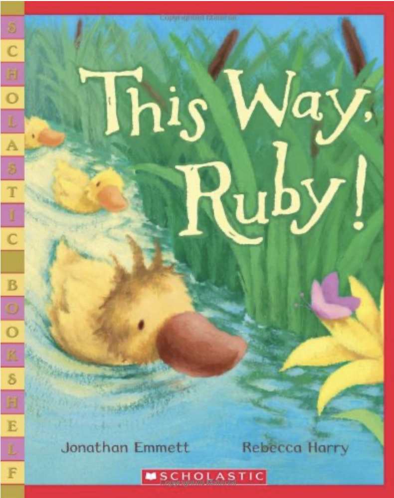 This Way, Ruby! by Jonathan Emmett includes an illustrated cover of ducks darting through the reeds in the pond as on of our pond books for preschoolers.