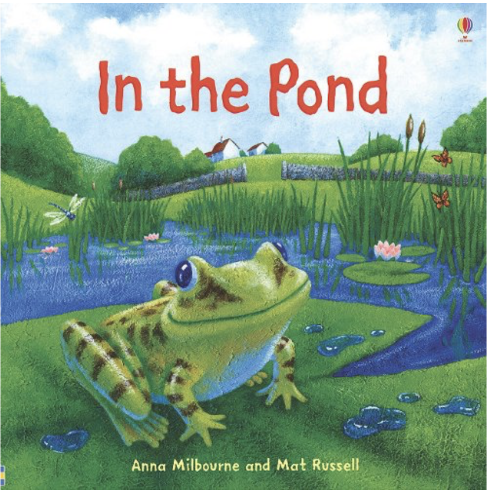 In the Pond by Anna Milbourne includes an illustrated cover of a frog on a lily pad in a pond.