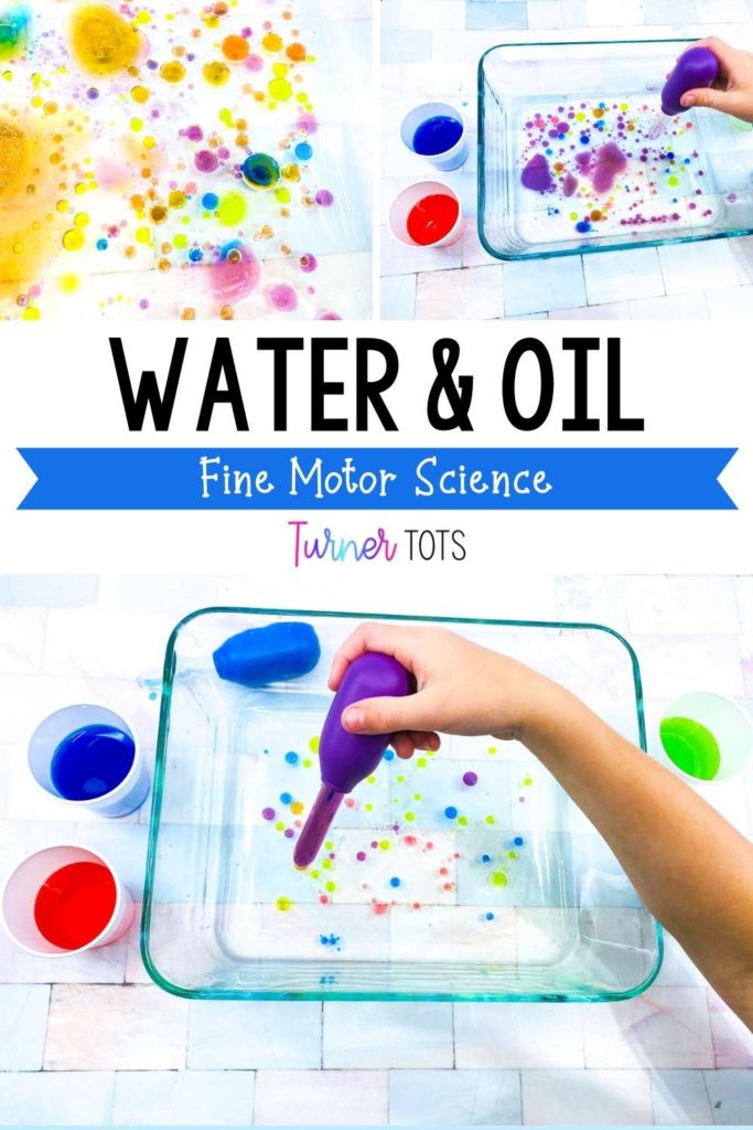 Water and oil science exploration with drops of colored water in a pan full of oil.