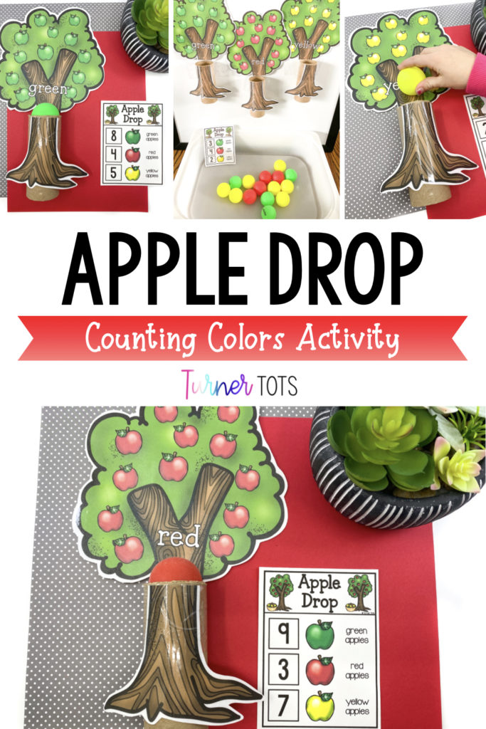 Apple drop counting colors activity includes cards that tell preschoolers how many red, yellow, and green ping pong apples to drop down a cardboard tube apple tree.