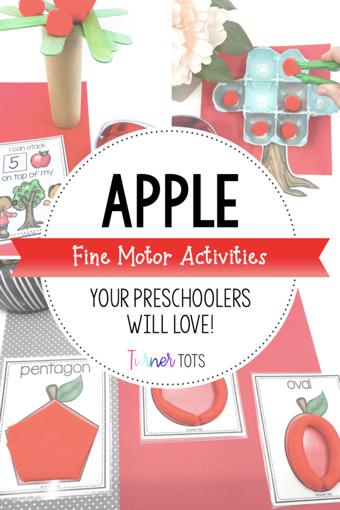 Apple fine motor activities that include making apple shapes out of play dough, apple tree stacking STEM challenge, and using tweezers to pick pompom apples off of an egg carton tree.