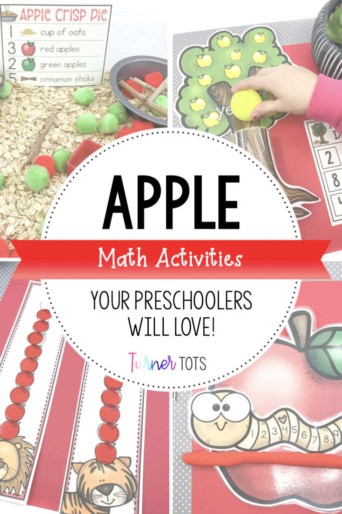 Apple math activities with pictures of tiddlywinks on top of animal heads, measuring using a worm, putting ping pong apples down cardboard tube trees, and an apple pie sensory bin.