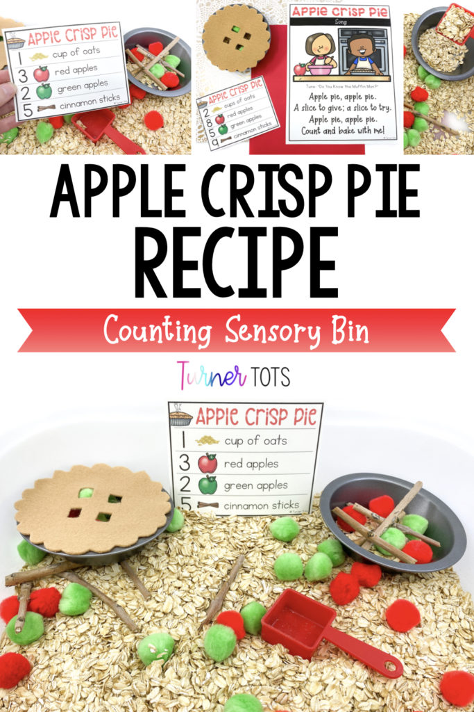 Apple crisp pie counting sensory bin includes a sensory bin full of oats, pompoms, cinnamon sticks, and small pie pans for preschoolers to count the ingredients into with this math apple activity.