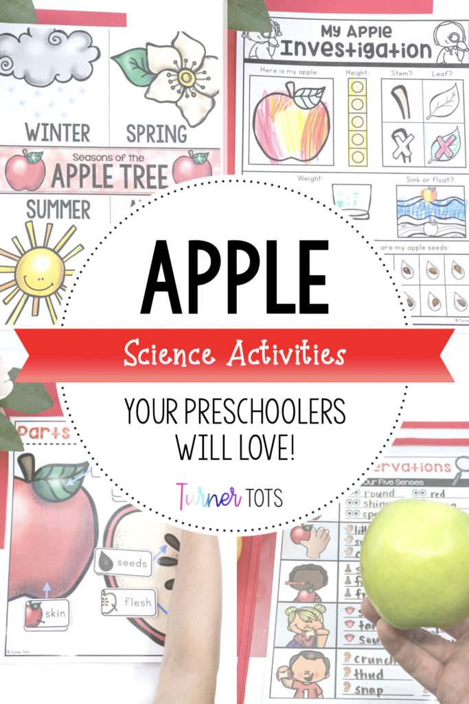 Apple science activities for preschoolers with pictures of a seasons of the apple tree flip book, apple investigation sheet, parts of an apple diagram, and an apple observation sheet.