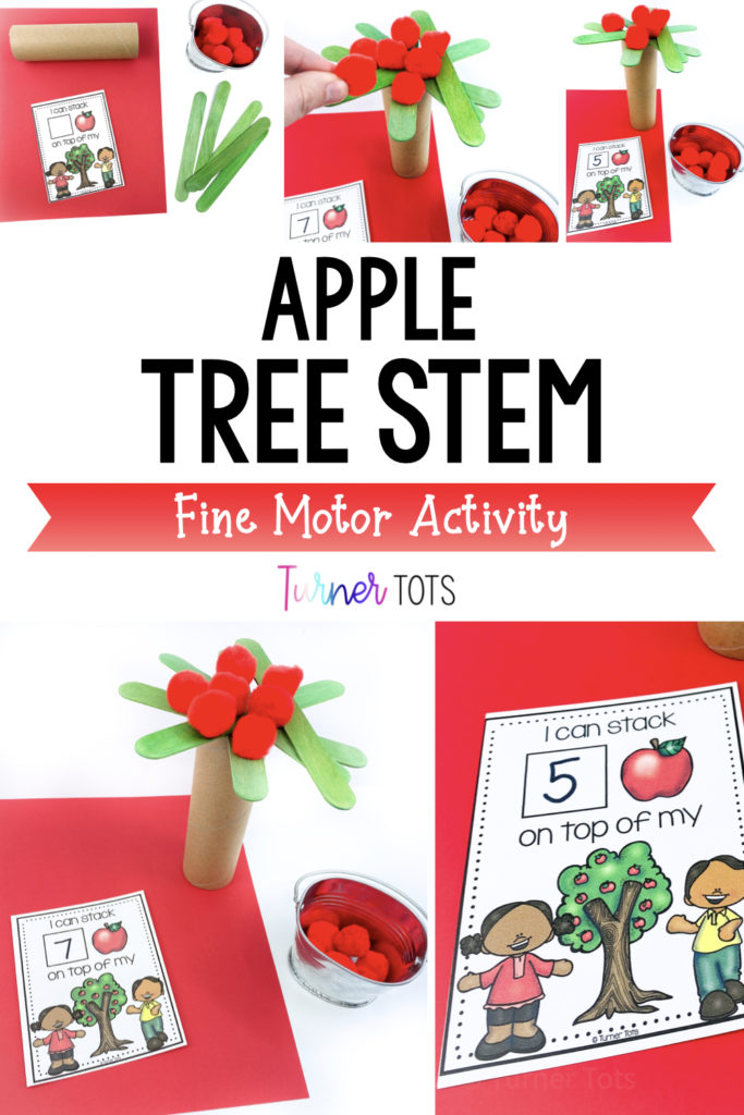 Apple tree STEM challenge includes stacking pompom apples on top of trees made from cardboard tubes and popsicle sticks.