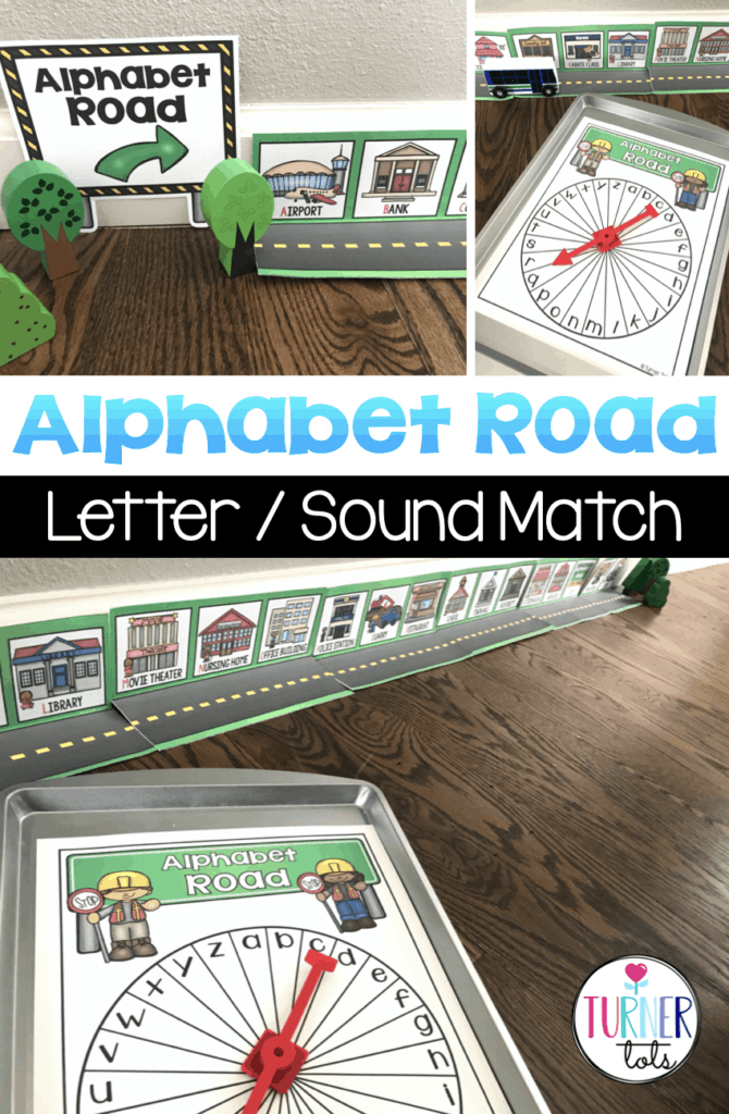 Road with buildings starting with every letter of the alphabet. Spinner with every letter for preschoolers to pretend to drive around town and practice letter identification and initial sounds during community helpers theme.