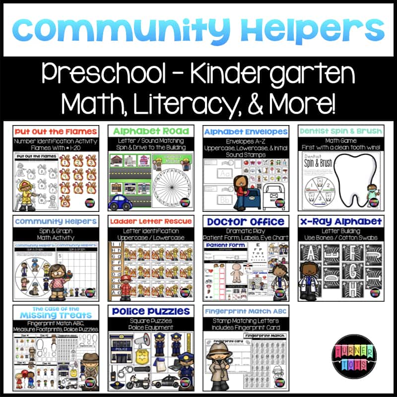 Community Helpers bundle with preschool activities for literacy, math, and dramatic play.