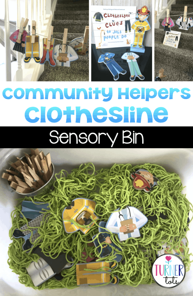 Sensory bin filled with green yarn and community helpers outfits for preschoolers to hang on a clothesline using clothespins.