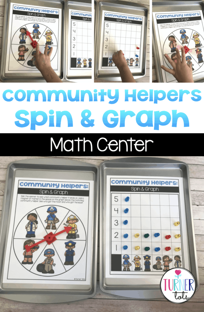 Spinner with pictures of community helpers and graph on top of cookies sheets. Preschoolers or pre-k students can add magnets to graph results with this community helpers math activity. 