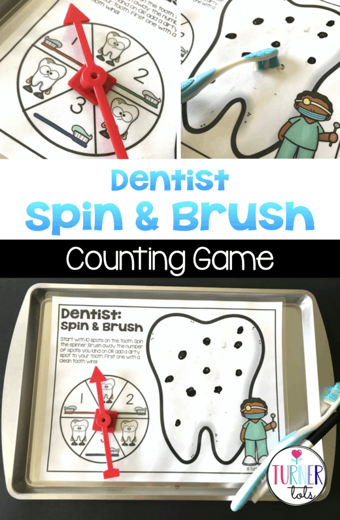 Large printable tooth with spots drawn on with a dry erase marker. Spinner includes numbers with toothbrushes and dirty teeth for a dentist counting activity for community helpers week.