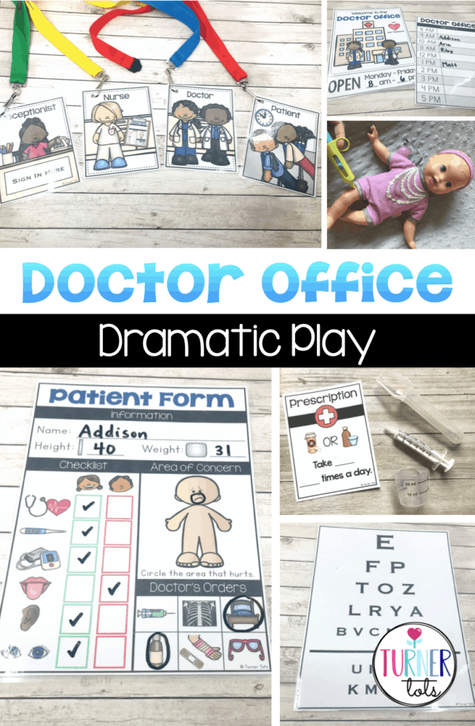 Doctor Office Dramatic Play with name tags, sign in sheet, patient form, prescriptions, and eye test to bring doctor dramatic play to life!