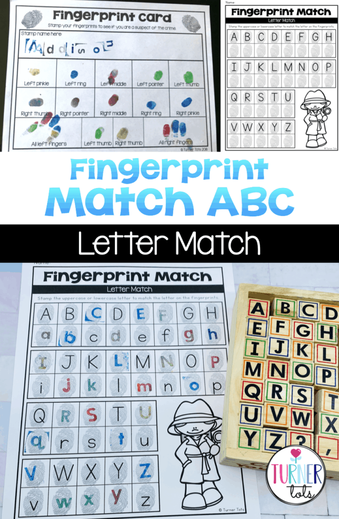 Fingerprint match sheet with letters of the alphabet and letter stamps to match. Includes a fingerprint card to pretend to be police officers or detectives during community helpers theme.