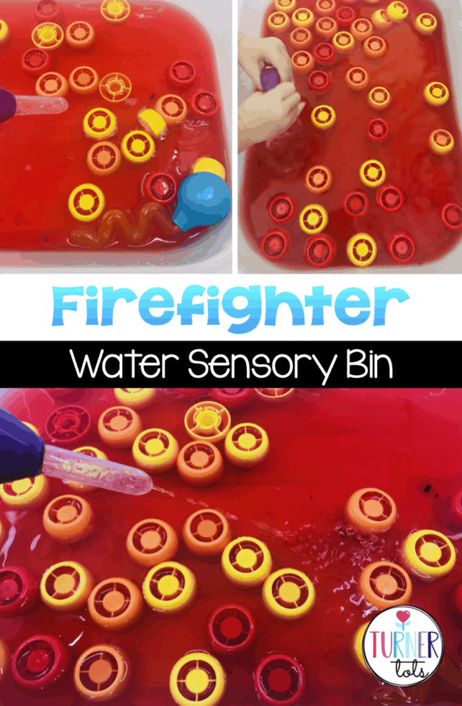 Pretend to be a firefighter with this water sensory bin for your community helper preschool theme that includes red water, applesauce caps, and droppers.