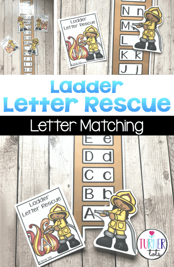 Lettered ladder with firefighters to put out the fires on each letter during fire safety week or community helpers preschool theme.