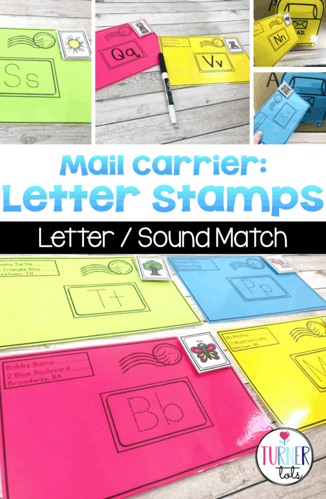 Lettered envelopes with initial sound stamps for preschoolers or pre-k students to match during community helper theme.