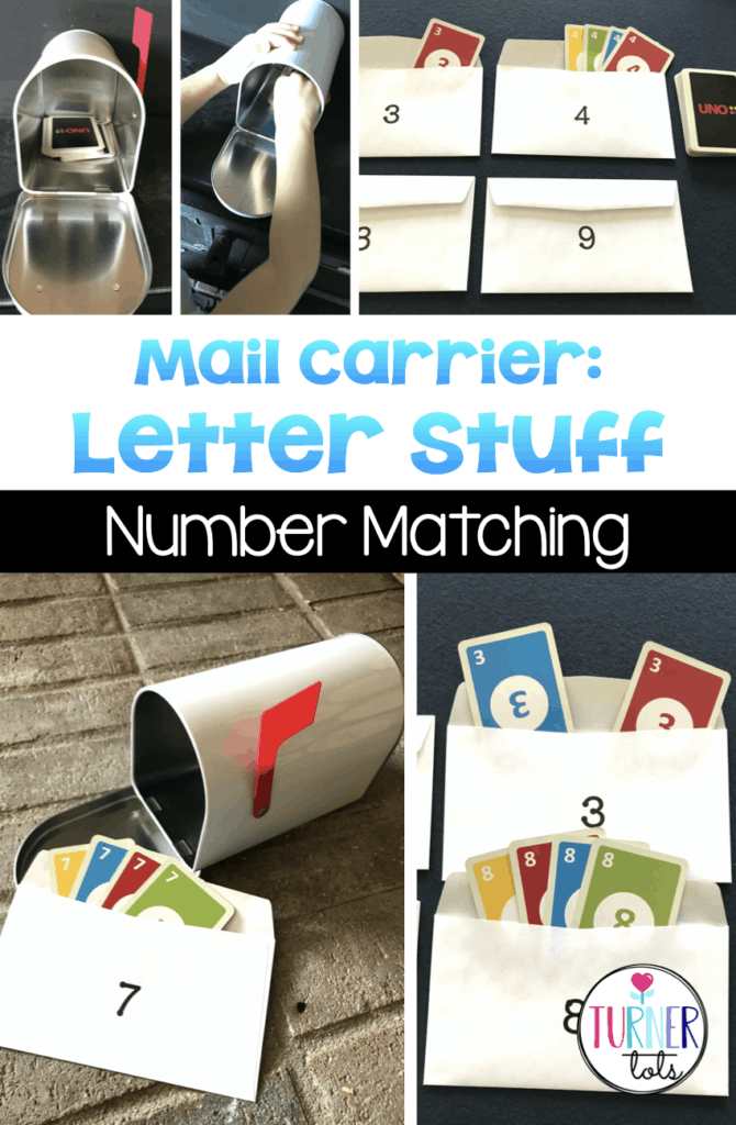 Practice number matching with Uno cards and numbered envelopes. Great for learning about mail carriers with a preschool community helpers theme.