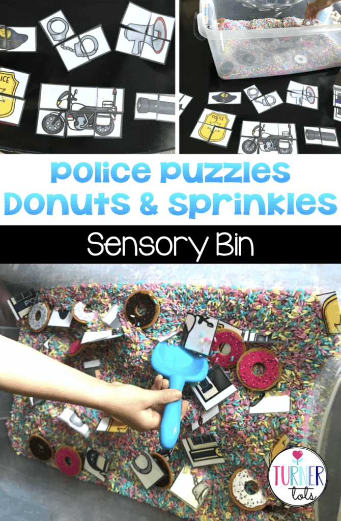 Police equipment puzzles for community helper theme in a sensory bin filled with rainbow rice and felt donuts.