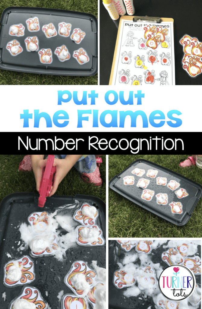 Printed numbered flames covered with shaving cream for preschoolers to spray off with a water bottle. Math activity for community helpers theme.