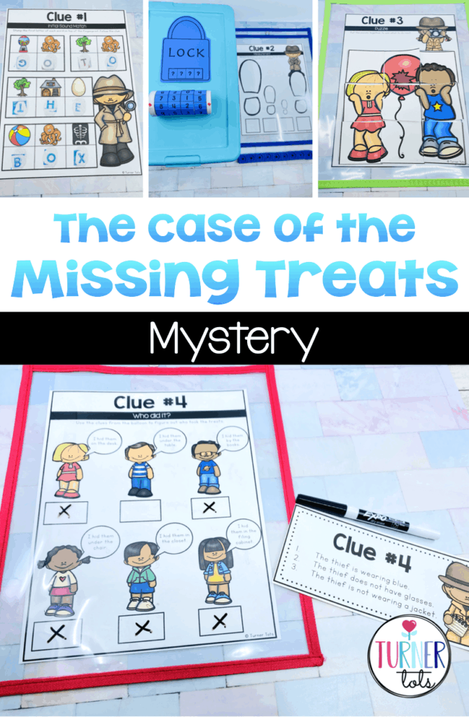Clues with word puzzles, measurement with locks, puzzles, and logic puzzles to use as a mystery for community helper preschool activities.
