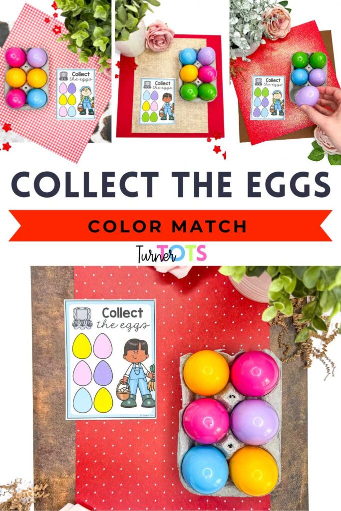 Collect the Eggs cards include six colored eggs pictured on cards for preschoolers to sort plastic Easter eggs into a six-well egg carton with this farm-themed math activity.