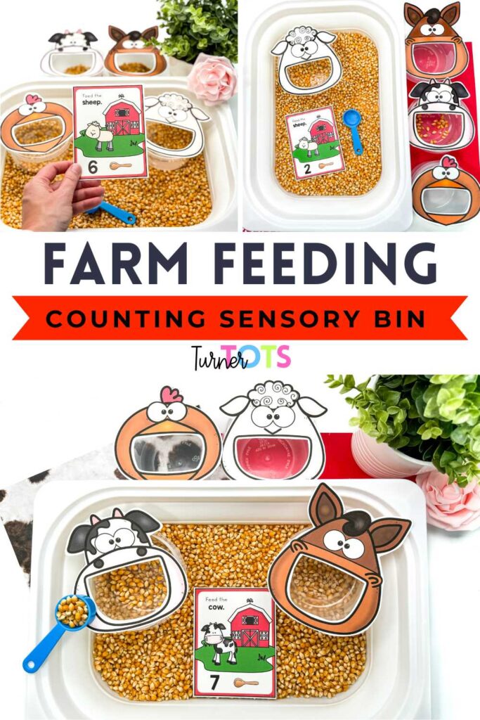 Printouts of a cow, sheep, horse, and chicken with open mouths taped onto plastic containers in a sensory bin filled with corn. Preschoolers can scoop the number on each card into the farm animal's mouth for a farm math activity for preschool.