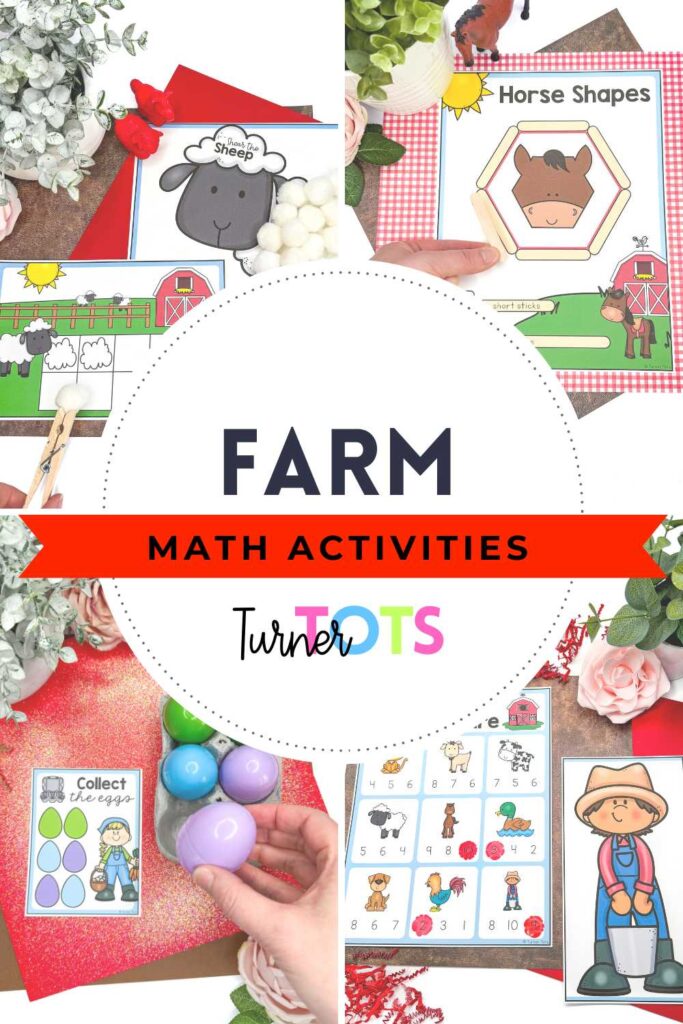 5 Farm Math Activities for Preschool, including a farm feeding sensory bin, an egg pattern activity, horse corrals in different 2D shapes, and a ten-frame sheep game.