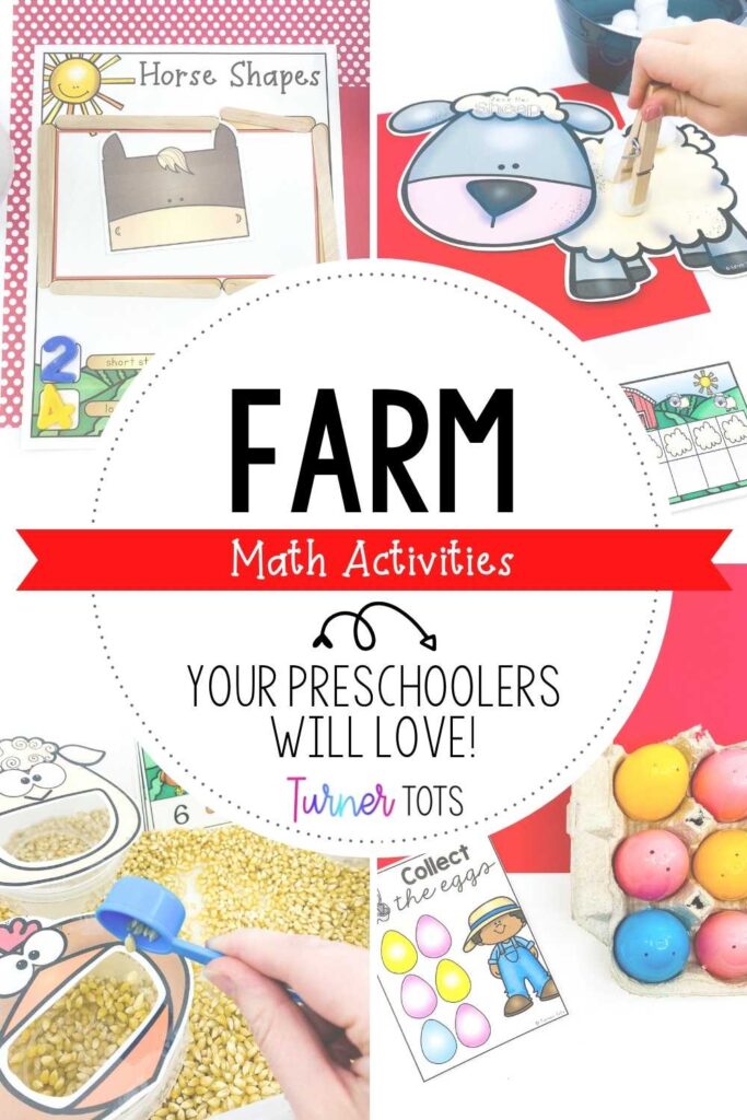 5 Engaging Farm Math Activities for Preschool including a farm feeding sensory bin, an egg pattern activity, horse corrals in different 2D shapes, and a ten frame sheep game.