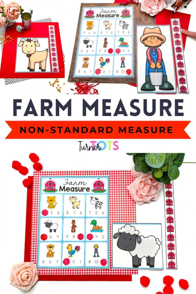 Farm measurement activity includes farm animal cards to measure with a barn ruler and recording sheets.