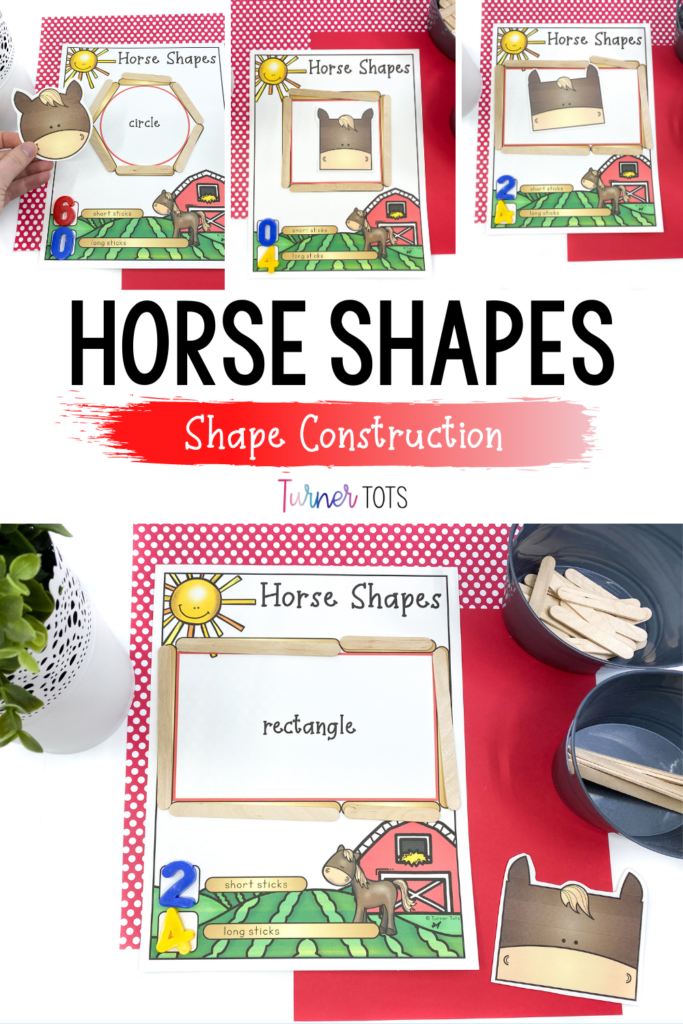This farm math activity has corrals made out of popsicle sticks with horses in different shapes to match the different-shaped corrals.