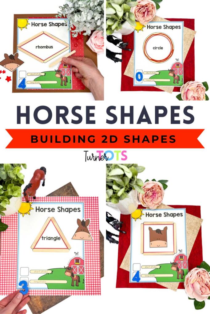 This farm math activity features corrals made from popsicle sticks, each with a horse in a different shape to match the corresponding corral.
