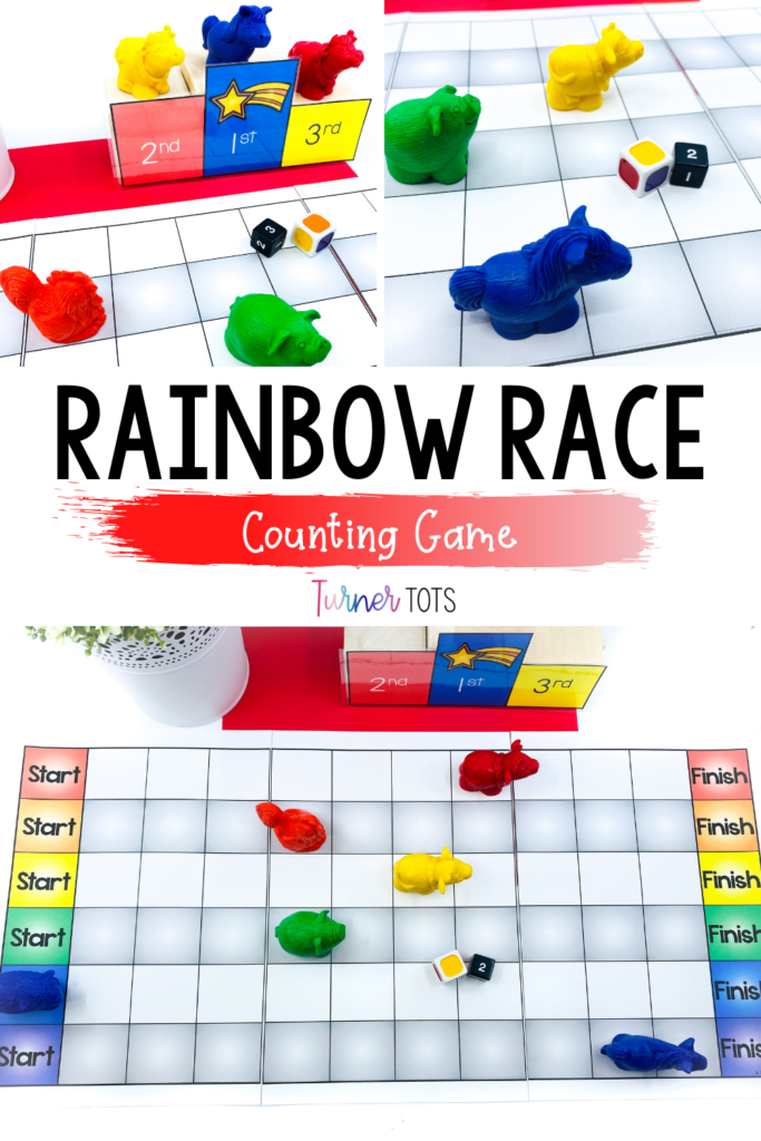 Rainbow Race game board with colored farm counters, colored die, numbered die, and Winner's Platform for first, second, and third place. Roll to see which animal gets there first with this math game for preschoolers.