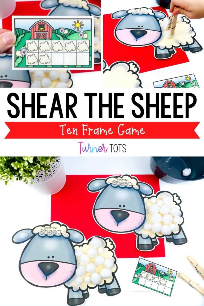 Sheep printouts with cotton balls. Ten frame cards for students to count the cotton balls and pick them off with clothespins with this farm activity for math.