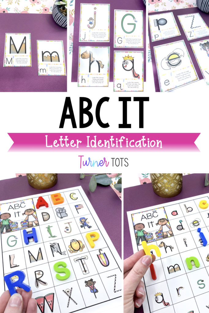 ABC It letter identification activity includes the letters of the alphabet with an object that looks like the letter. Includes a letter mat for preschoolers to place magnetic letters on top.